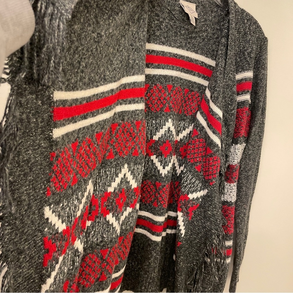 St Johns Bay Cardigan Sweater Gray  Red White Aztec Open Front, Fringe ,XL, NWT - Picture 2 of 12